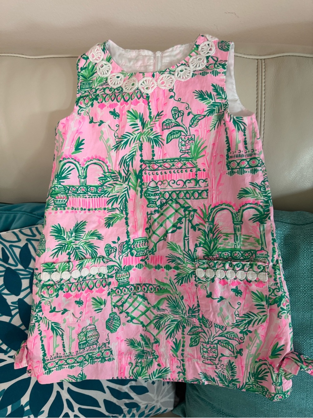 Lilly Pulitzer Pink and Green Tropical Dress with Crochet Trim Size 4